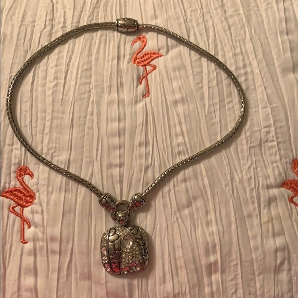 Silver necklace w/rhinestone and snake stamping.